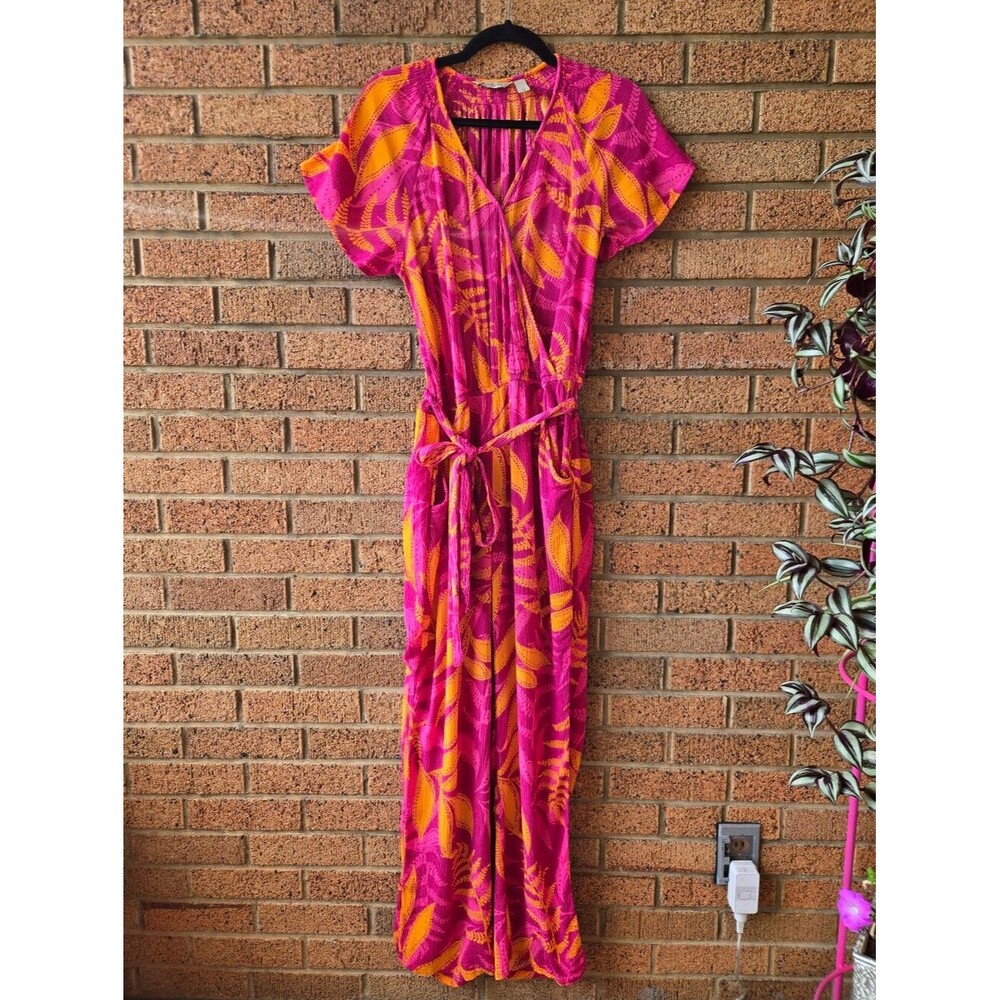 AnyBody Wide-Leg Faux-Wrap Vacation Jumpsuit in Fuchsia Tropical Print🌴